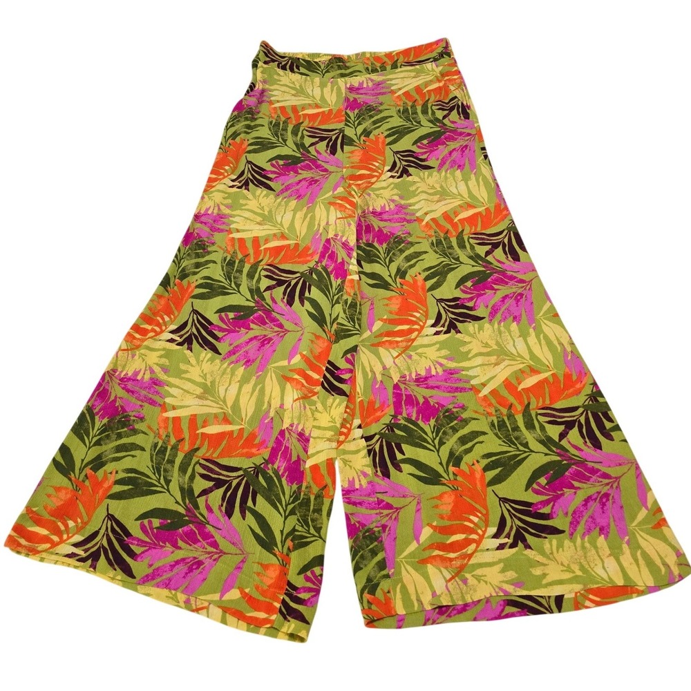 Jessica Simpson Shaye Crop Tropical Fern Wide Leg Pants Green Orange Pink‎ Large